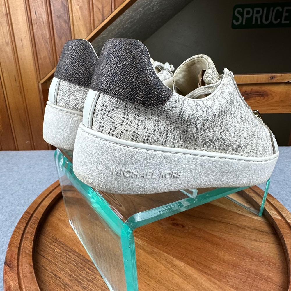 Michael Kors Poppy Platform Sneakers Cream Gold Logo Lace Up Shoes Women 8.5 - Picture 3 of 10